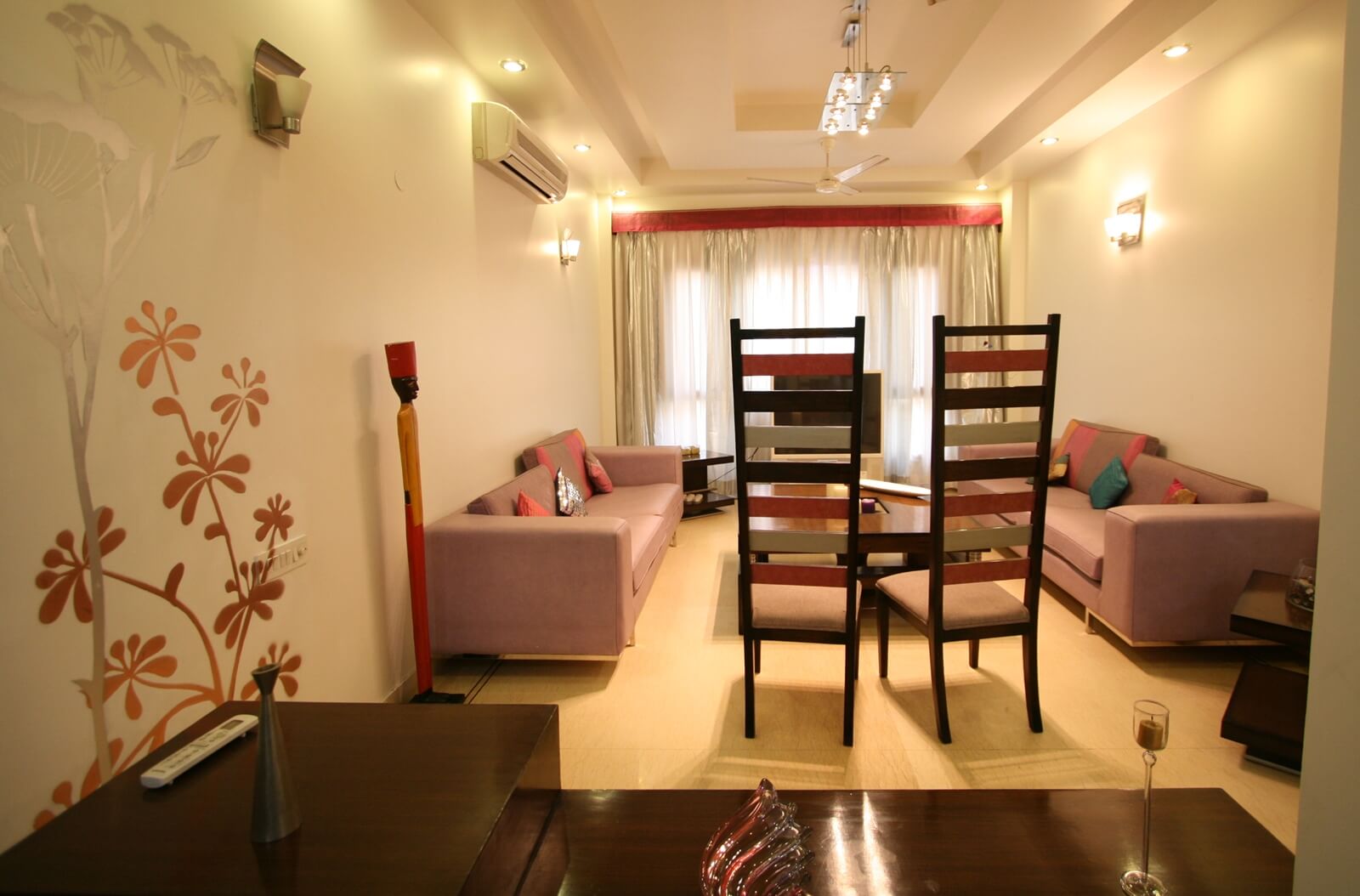 Wide shot of eclectic living room