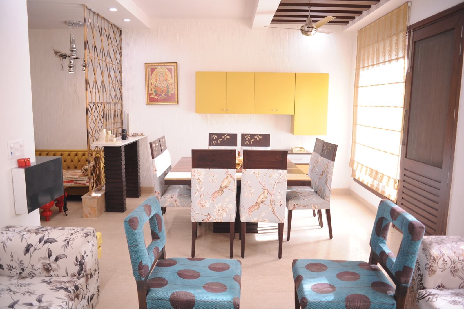 Bright open plan dining space in Hemkunt Colony