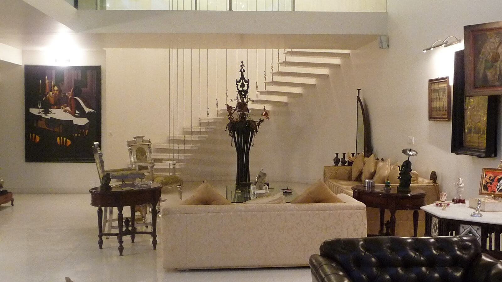 Architectural shot of the iconic floating spiral staircase in Jor Bagh