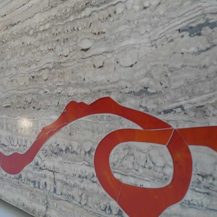 Macro detail of abstract red stone ribbon inlay by SpaceTalk Designs, Gurgaon