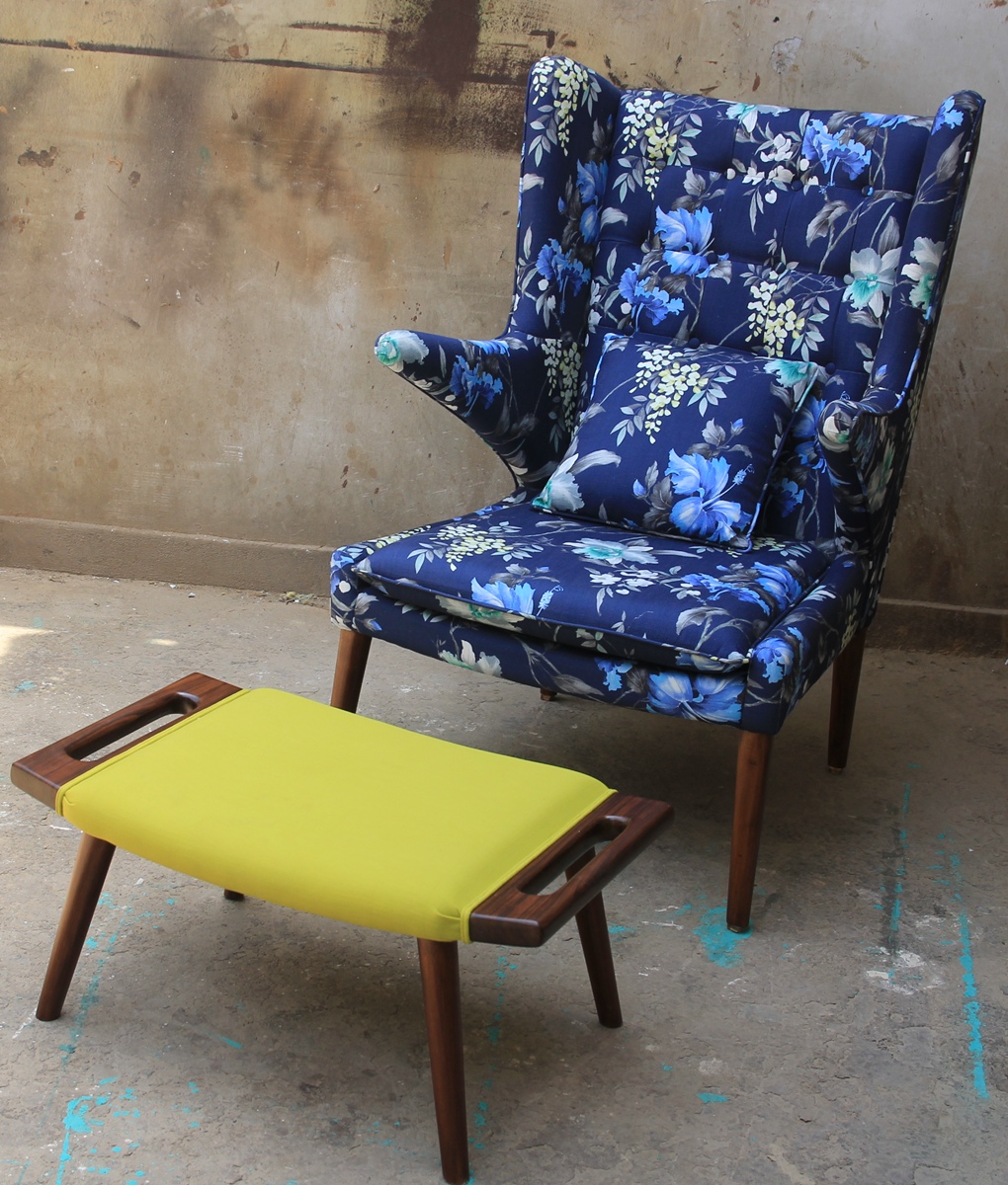 Blue floral wingback chair with custom upholstery by SpaceTalk Designs, Gurgaon