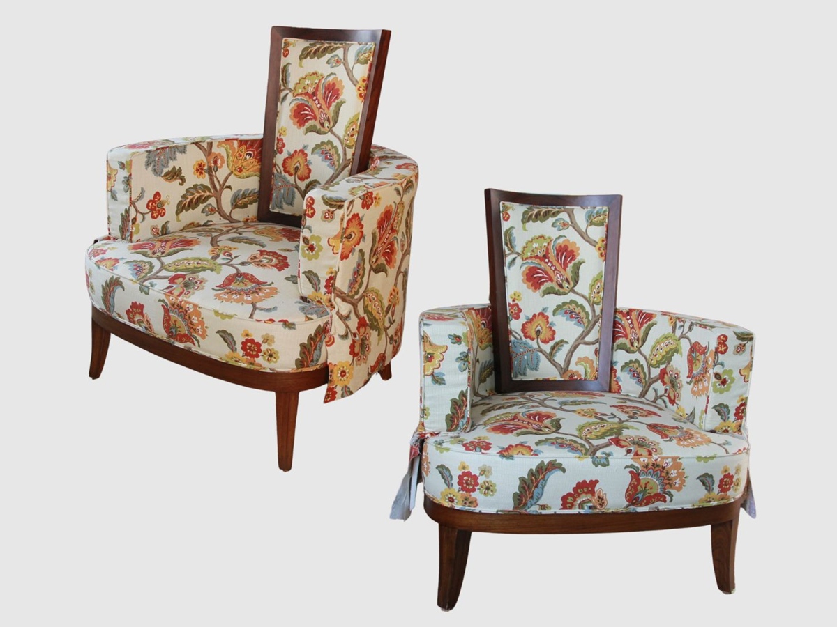 Floral fabric accent chair with exposed wooden frame by SpaceTalk Designs, Gurgaon